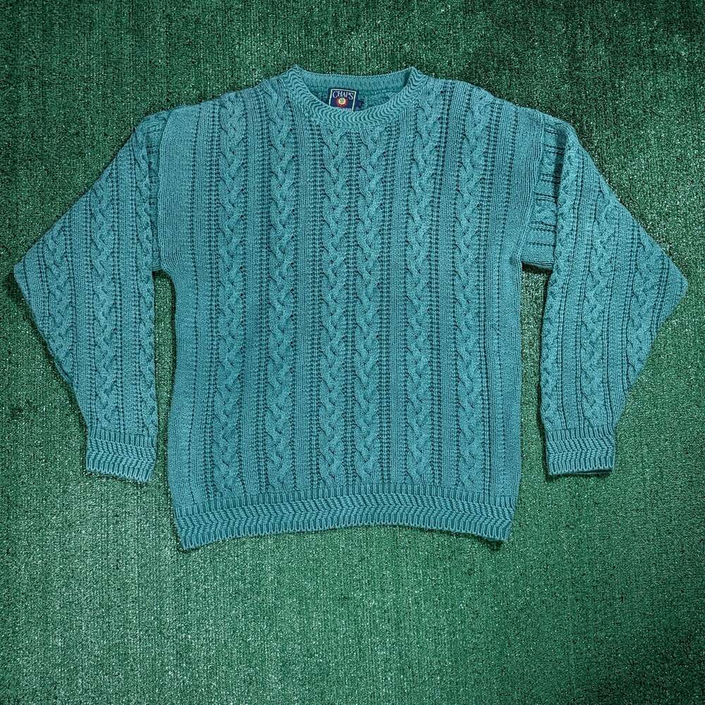 Mens Chaps Ralph Lauren Cable Knit Sweater Green Crew Neck Large Made in USA